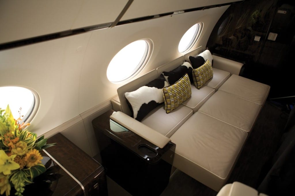 Private Jet G650 interior seats converted to bed